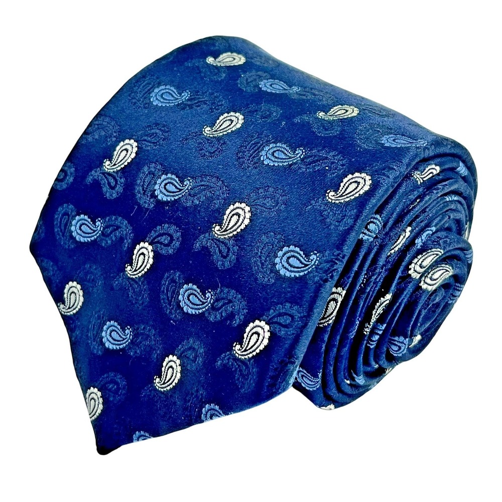 Sulka 100% Silk Men's Necktie Navy Blue Geometric Jacquard Paisley Designer